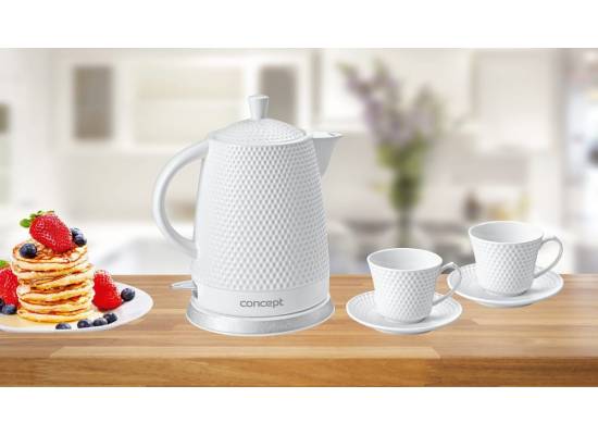 Czajnik elektryczny CONCEPT ceramiczny 1,5 litra z dwoma filiżankami i spodkami RK0040
