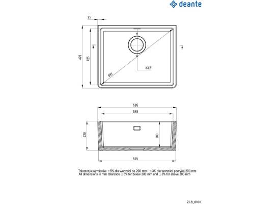 DEANTE ZLEW. SABOR CERAM. Z KOŁNIERZEM BIAŁY 1K B/O 595x475x200+SPACE SAVER