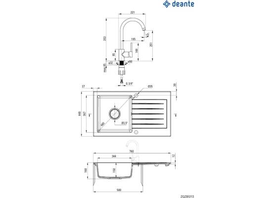 DEANTE ZLEW. ZORBA SZARY METALIK GRANIT 1K Z/O 760x440x150, 3,5