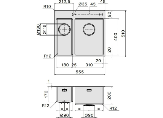 Zestaw FALMEC | zlew GARDA 1831 + bateria PURE STEEL ROUND | stal szczotkowana INOX