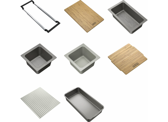 Zestaw FRANKE ALL-IN PREMIUM 8in1 (szyna, deska, duża+mała wkładka, mata, pokrywka, duży+mały pojemnik) (112.0655.489)