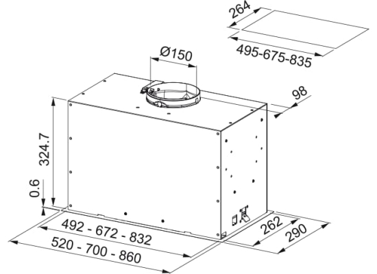 Okap do zabudowy FRANKE Box Flush Premium FBFP XS A70 stal szczotkowana | 670m3/h (305.0665.369)