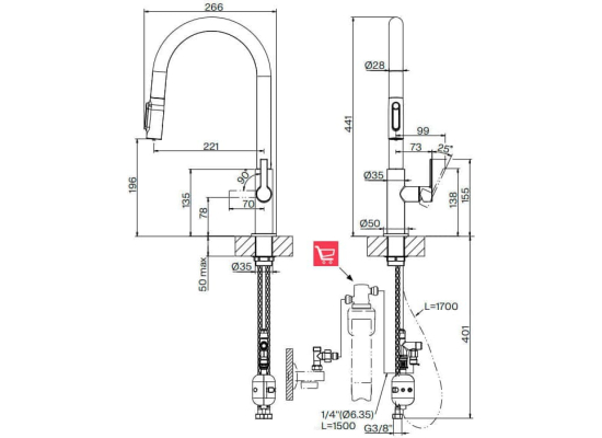 Bateria FRANKE MARIS SLIM CLEAR WATER J PULL-OUT chrom (120.0730.870)