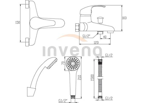 Bateria wannowa INVENA MITRIS BW-79-KPL-Q chrom z zestawem natryskowym
