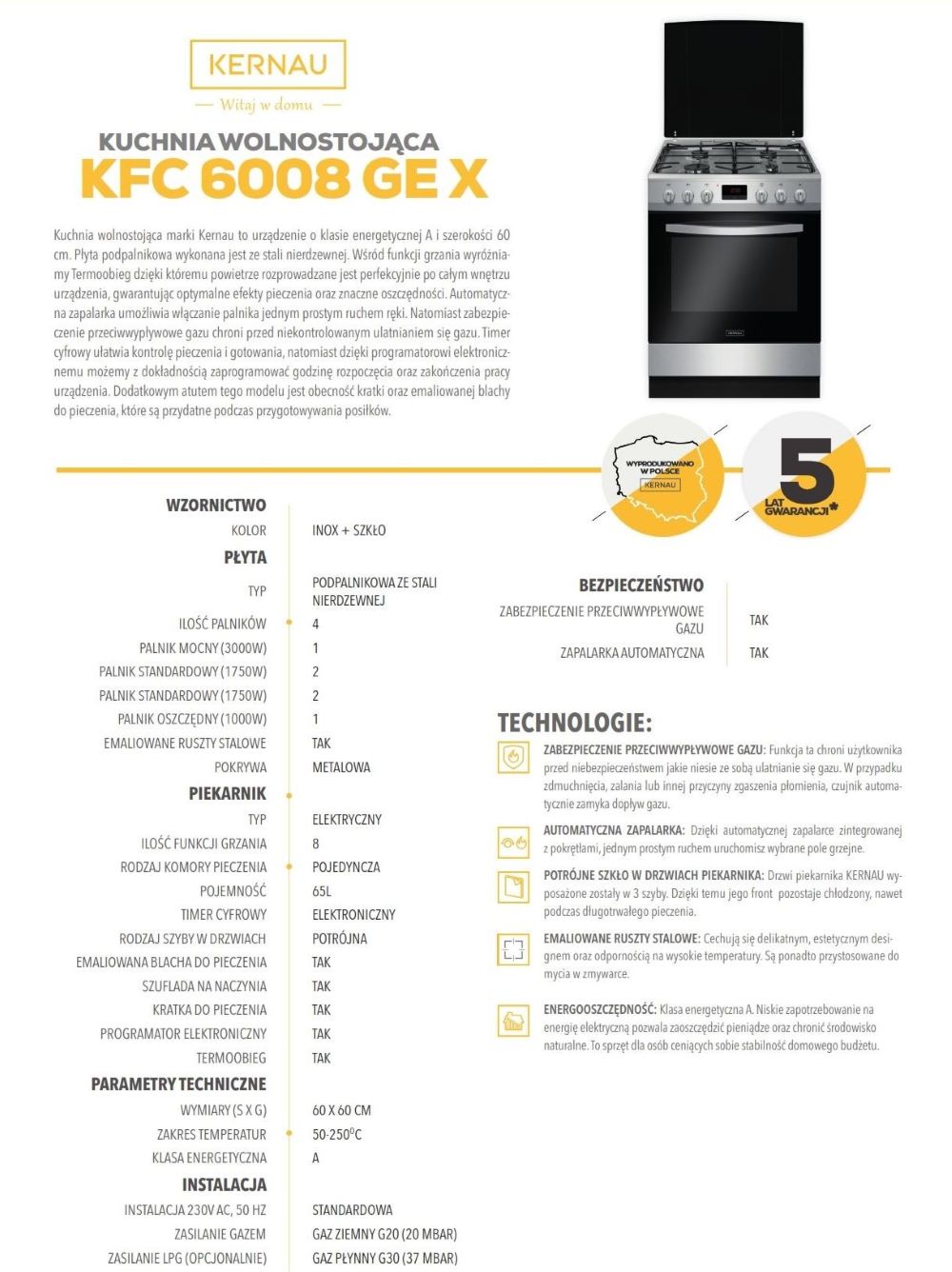 Kuchnia gazowo-elektryczna KERNAU KFC 6008 GE X