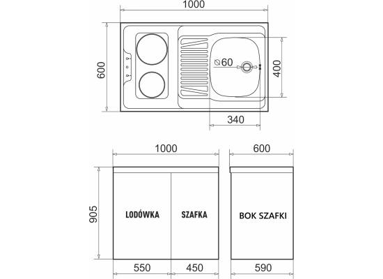 __wysyłka 24H*__ | Minikuchnia 5w1 PYRAMIS MK 100x60 | komora LEWA | lodówka, płyta, zlew, szafka + GRATIS bateria CHROM