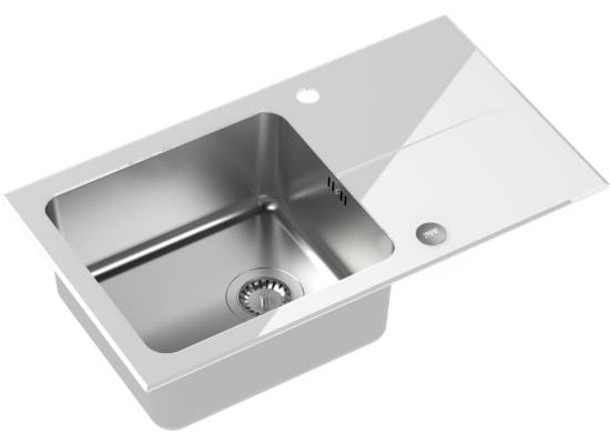 __WYSYŁKA 48H*__ | Zlew QUADRON HUGH 111 szkło BIAŁE + komora INOX (szczotkowana) (ST3577SB1BS)