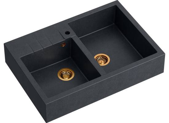 __WYSYŁKA 48H*__ | Zlew farmerski QUADRON BILL 120 BLACK DIAMOND (czarny metalik) + syfon MIEDŹ (HCQB9062U8_PVDC1)
