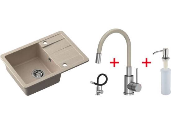 **__WYSYŁKA 24H__** Zestaw QUADRON zlew READY-SMART beżowy + bateria MAGGIE beżowy + dozownik KEIRA inox
