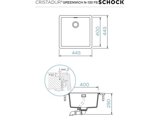 Zlew SCHOCK GREENWICH N-100-FB SILVERSTONE (na równi z blatem) (Cristadur) | linia STUDIO