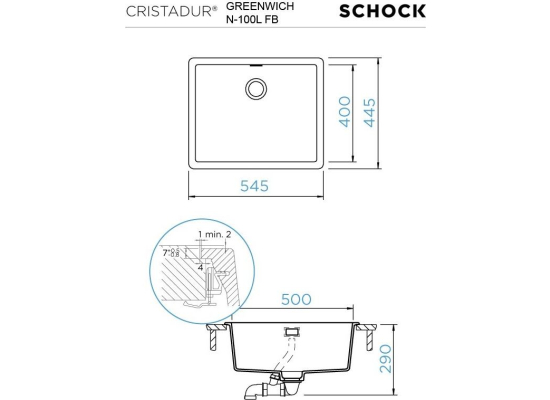 Zlew SCHOCK GREENWICH N-100L-FB SILVERSTONE (na równi z blatem) (Cristadur)