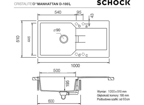 Zlew SCHOCK MANHATTAN D-100L ONYX (Cristalite) *** zamów wycięcie otworów GRATIS ***