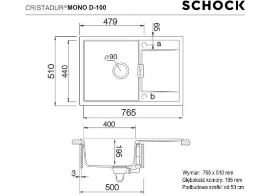Zlew SCHOCK MONO D-100 SILVERSTONE (Cristadur) | linia STUDIO *** zamów wycięcie otworów GRATIS ***