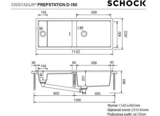 Zlew SCHOCK PREPSTATION D-150 NIGHT (Cristadur) | linia STUDIO