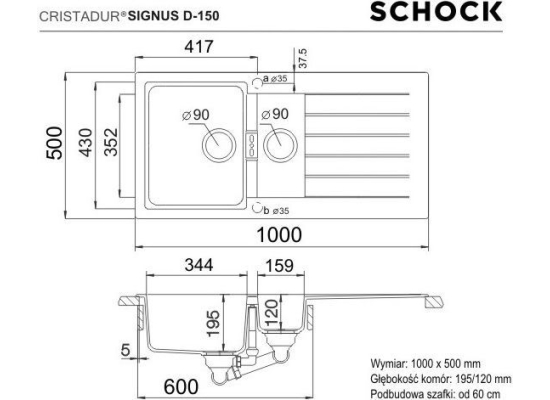 Zlew SCHOCK SIGNUS D-150 MAGMA (Cristadur) + odsączarka GRATIS *** zamów wycięcie otworów GRATIS ***