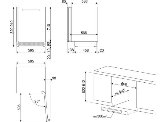 Winiarka do zabudowy SMEG CVI338RX3 stal niedzewna + szkło CZARNE | zawias PRAWY | 82cm | 38 butelek | 2 strefy | linia CLASSICA