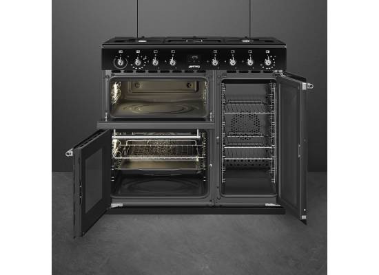 _RABAT_ | wysyłka 24H* | Kuchnia z płytą gazową SMEG CX93GMBL czarny | 90cm | emalia Ever Clean | linia CONCERTO | + GRATIS robot SMF05BLEU
