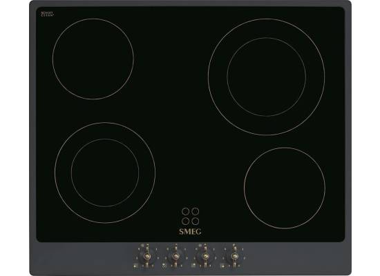 _RABAT_ | Płyta ceramiczna SMEG P864AO antracyt + czarne szkło (pokrętła z mosiądzu) | linia COLONIALE