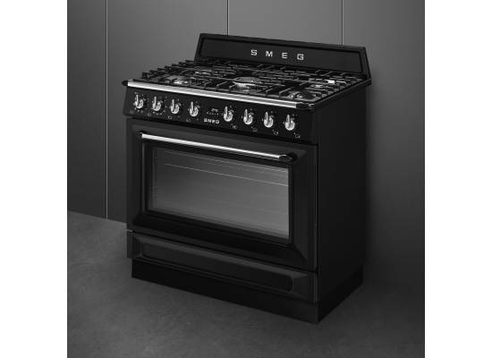 _RABAT_ | Kuchnia z płytą gazową SMEG TR90GPBL czarny | 90cm | czyszczenie pyroliza | linia VICTORIA | + GRATIS robot SMF05BLEU